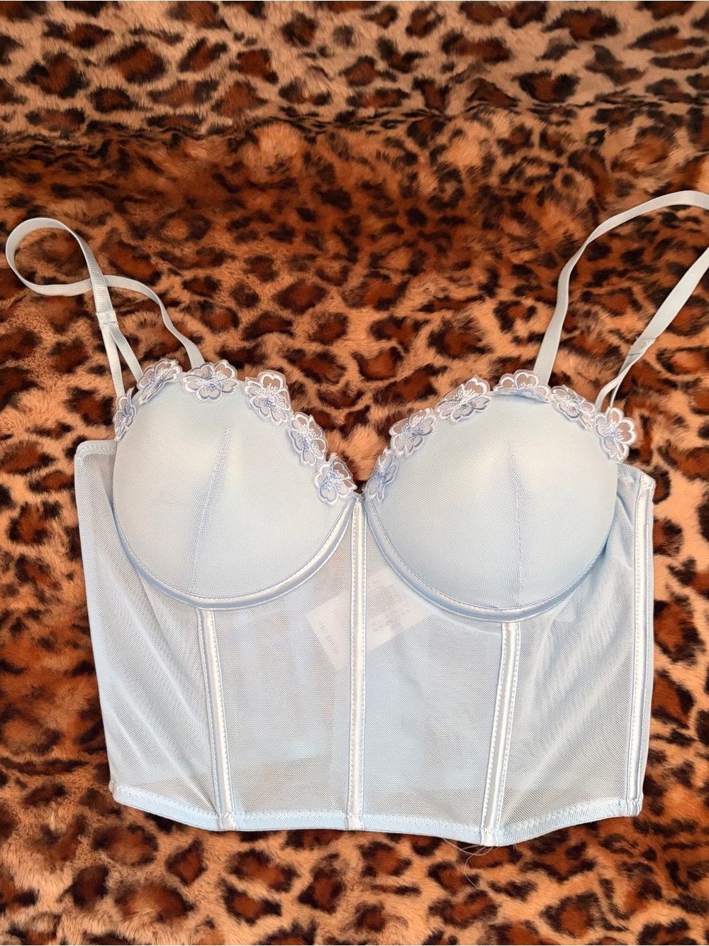 Longline Bustier Bra with Floral Lace Trim in Pale Blue